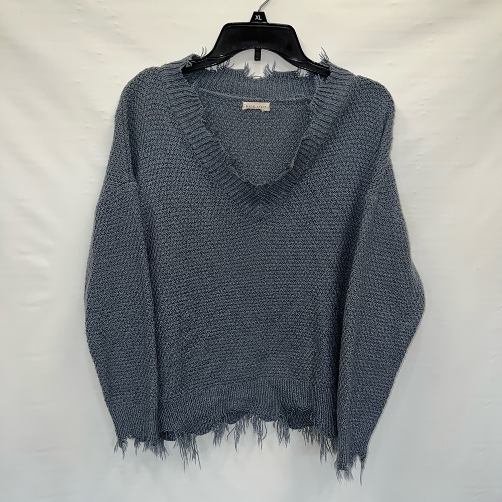 Main Strip Sweater Women’s Large Gray Long Sleeve Frayed Edges Cotton Blend